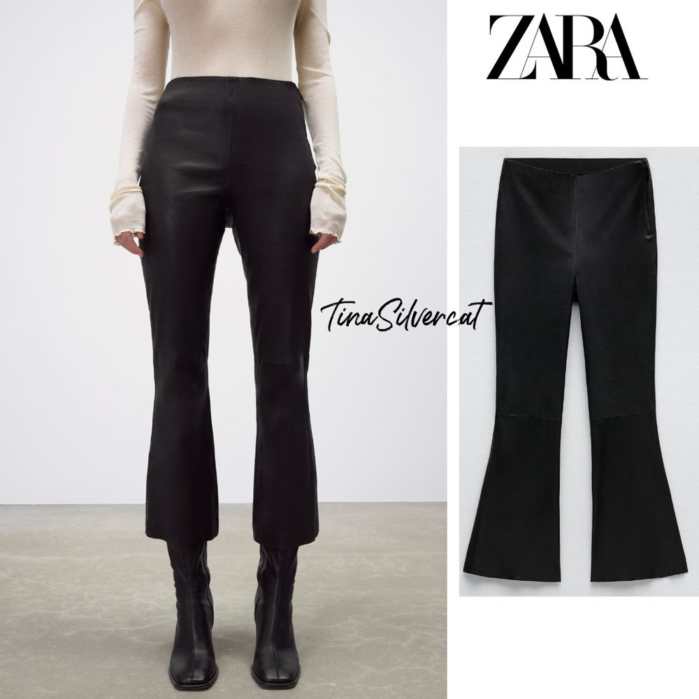 Zara Leather Cropped Flared Pants Dark Brown Sz XL NWT